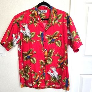 Vintage Pacific Legend Men’s Red Parrot Themed Hawaiian SS Button Up Shirt Large